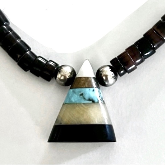 Santo Domingo Vintage Heishi Necklace w/MoP BrassTurquoiseAgateJet Pendant